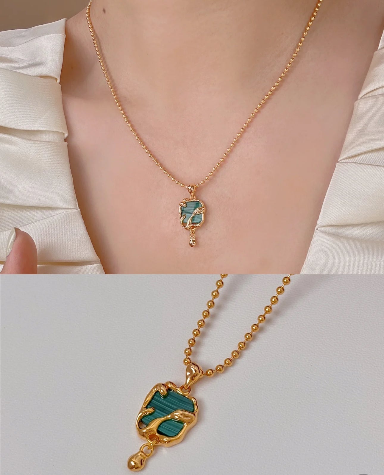 Malachite Necklace|Vintage Green Elegance in Retro Gold