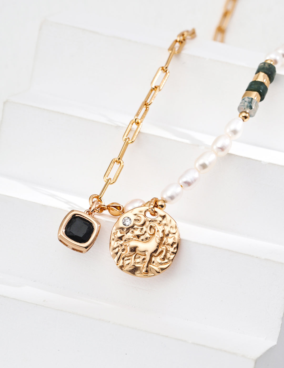 Natural Pearl & Moss Agate Zirconia Necklace|Retro Gold Minimalist Elegance
