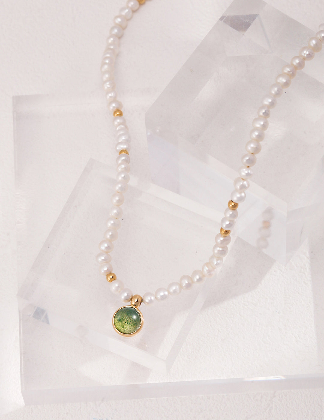 Pearl & Moss Agate Necklace|Retro Gold Vintage Elegance