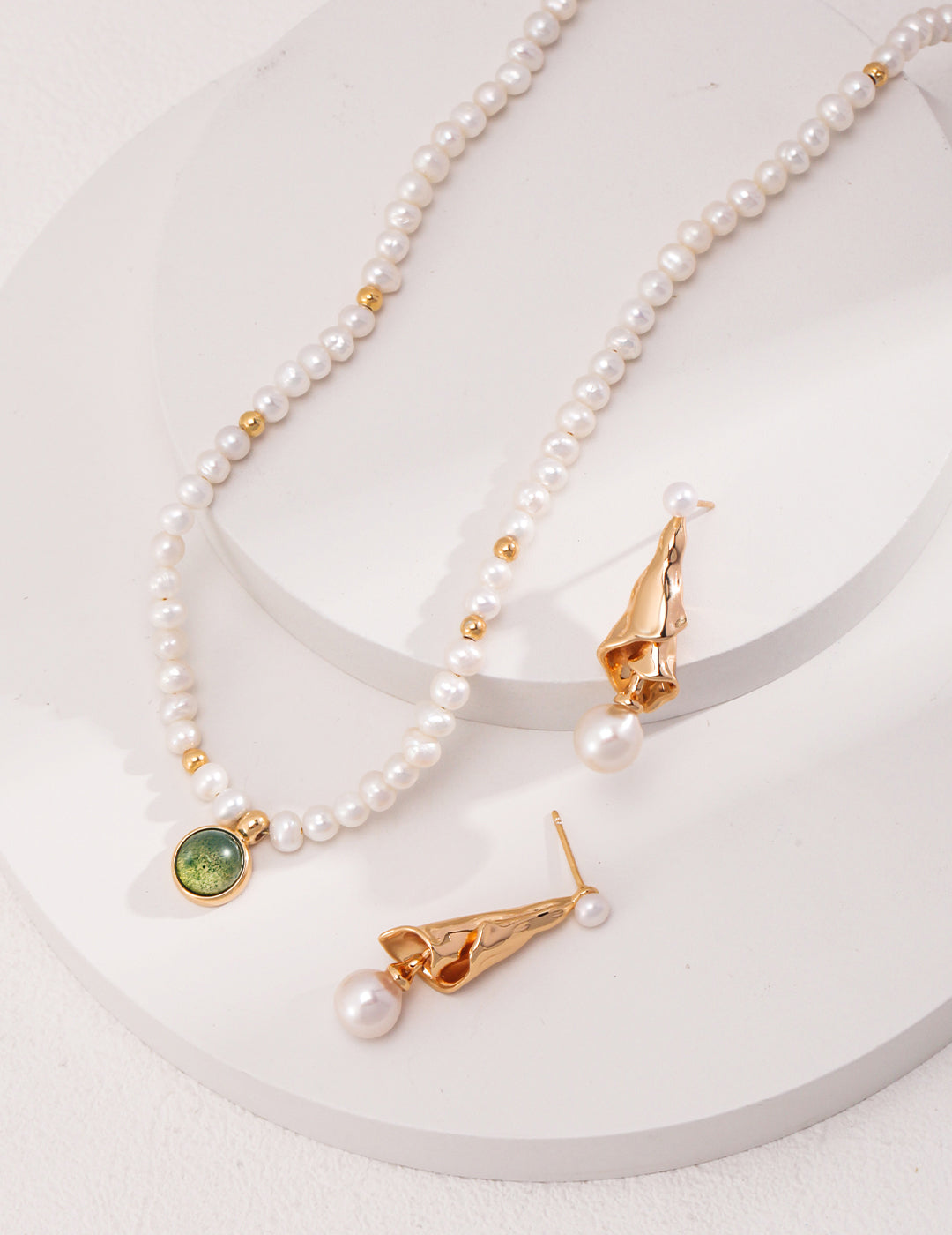 Pearl & Moss Agate Necklace|Retro Gold Vintage Elegance