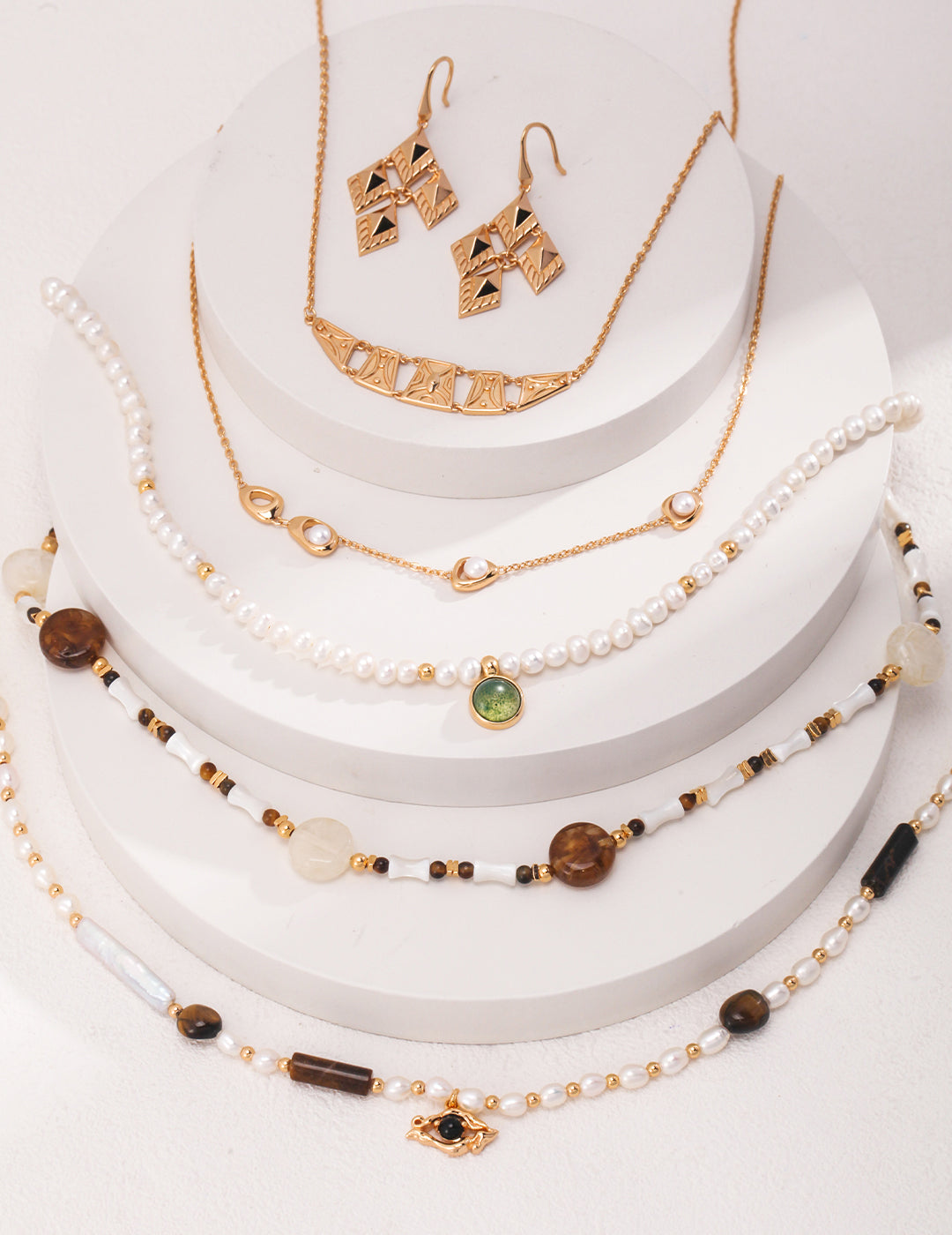 Pearl & Moss Agate Necklace|Retro Gold Vintage Elegance
