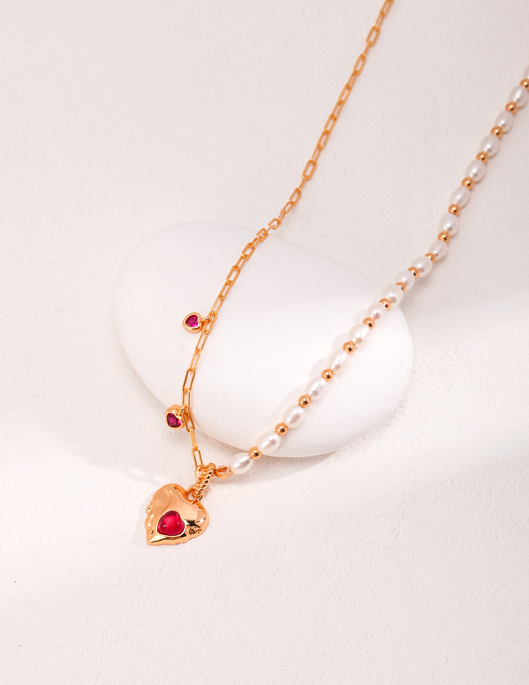 Natural Pearl & Ruby Necklace|Asymmetrical Elegance in Retro Gold