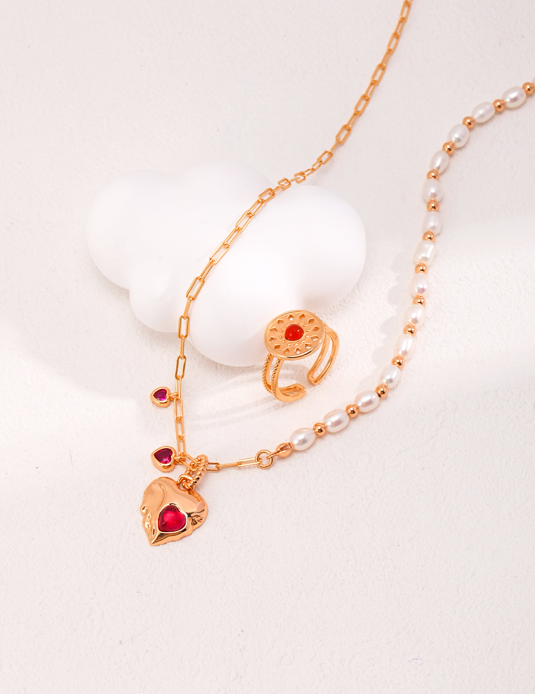 Natural Pearl & Ruby Necklace|Asymmetrical Elegance in Retro Gold