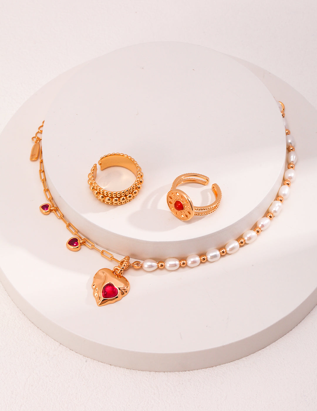Natural Pearl & Ruby Necklace|Asymmetrical Elegance in Retro Gold