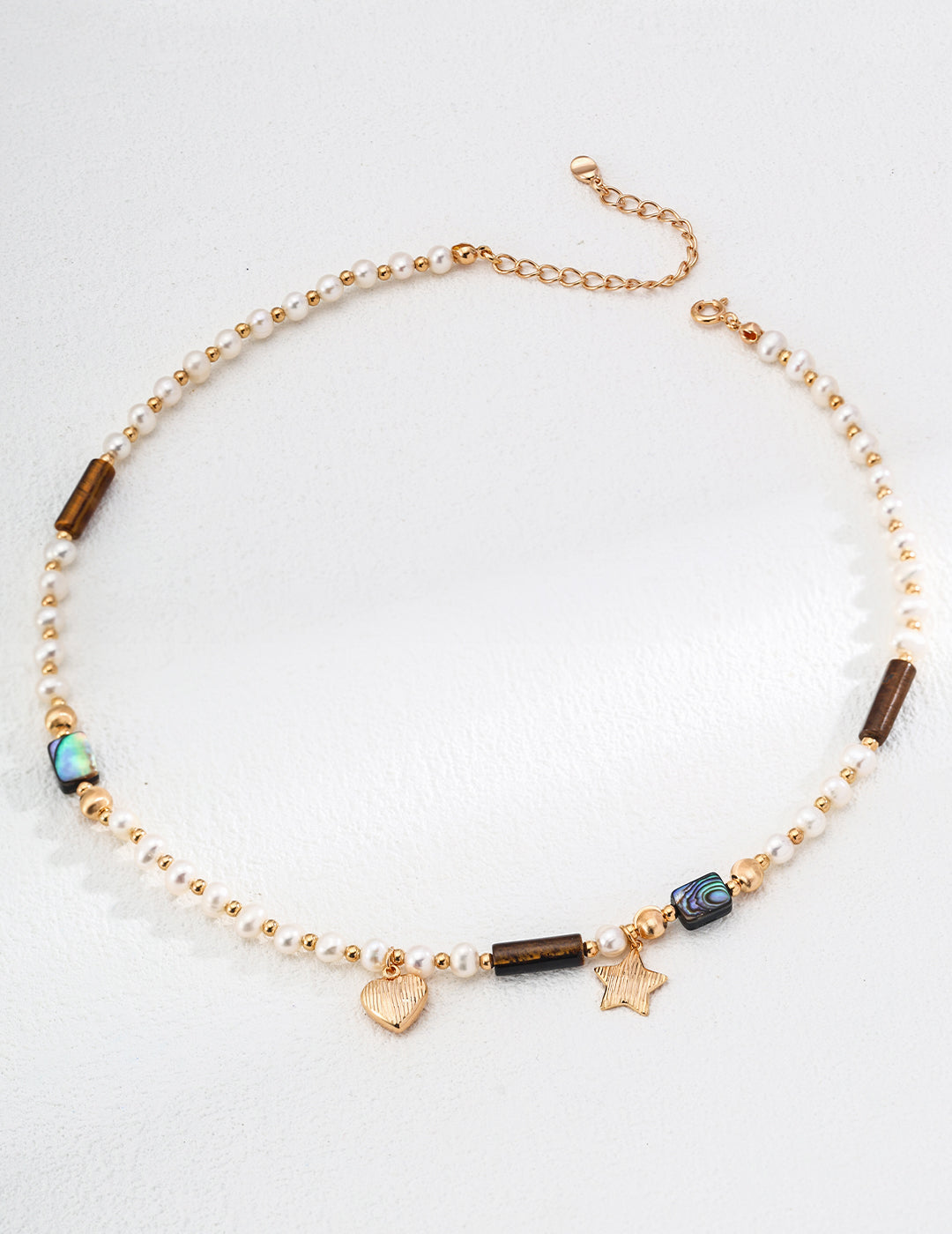 Pearl Tiger Eye Abalone Star Necklace|Vintage Gold Celestial Layers