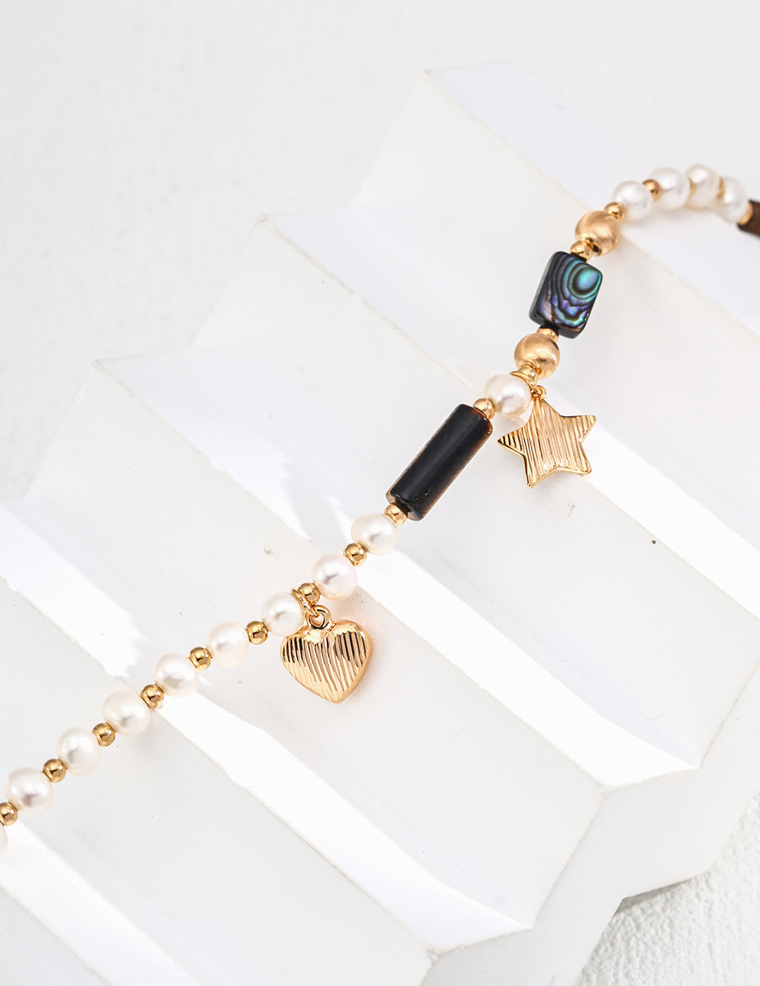 Pearl Tiger Eye Abalone Star Necklace|Vintage Gold Celestial Layers