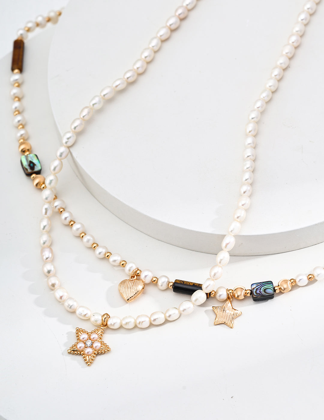 Pearl Tiger Eye Abalone Star Necklace|Vintage Gold Celestial Layers