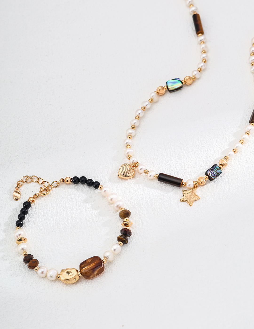 Pearl Tiger Eye Abalone Star Necklace|Vintage Gold Celestial Layers