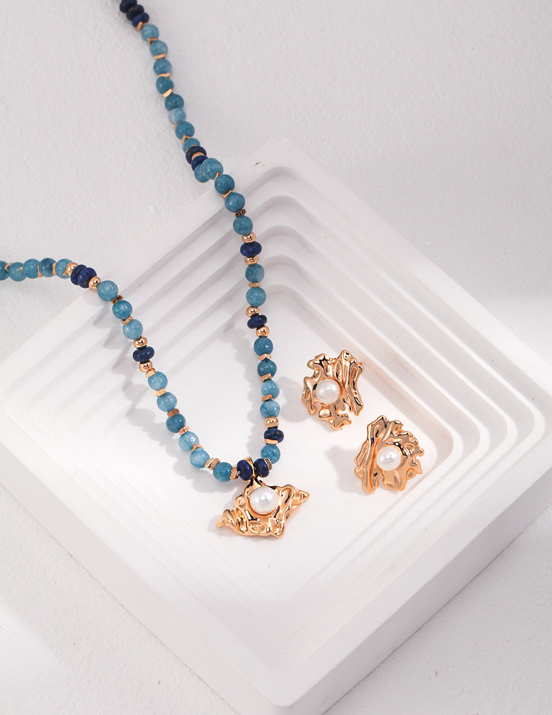 Amazonite, Lapis & Pearl Necklace|Earthy Energy in Vintage Gold