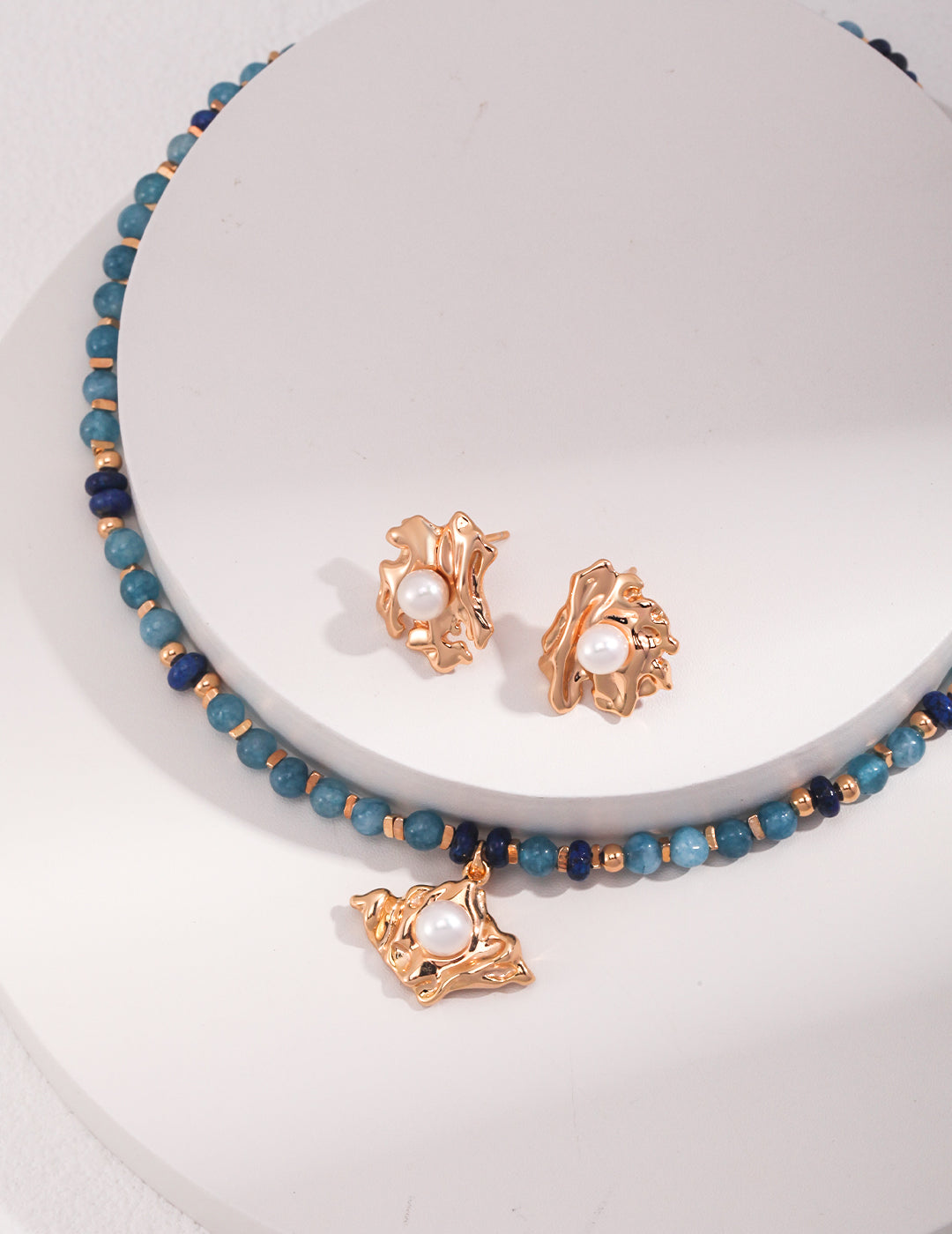 Amazonite, Lapis & Pearl Necklace|Earthy Energy in Vintage Gold