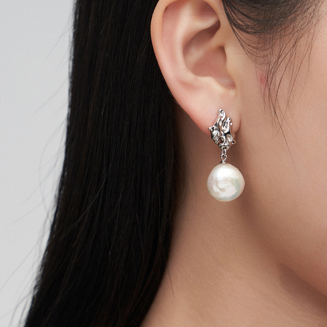 Baroque Pearl Drop Earrings|Sculptural Elegance in Retro Gold & White Gold