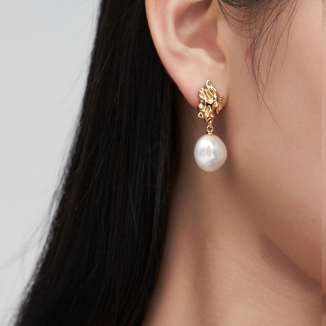Baroque Pearl Drop Earrings|Sculptural Elegance in Retro Gold & White Gold