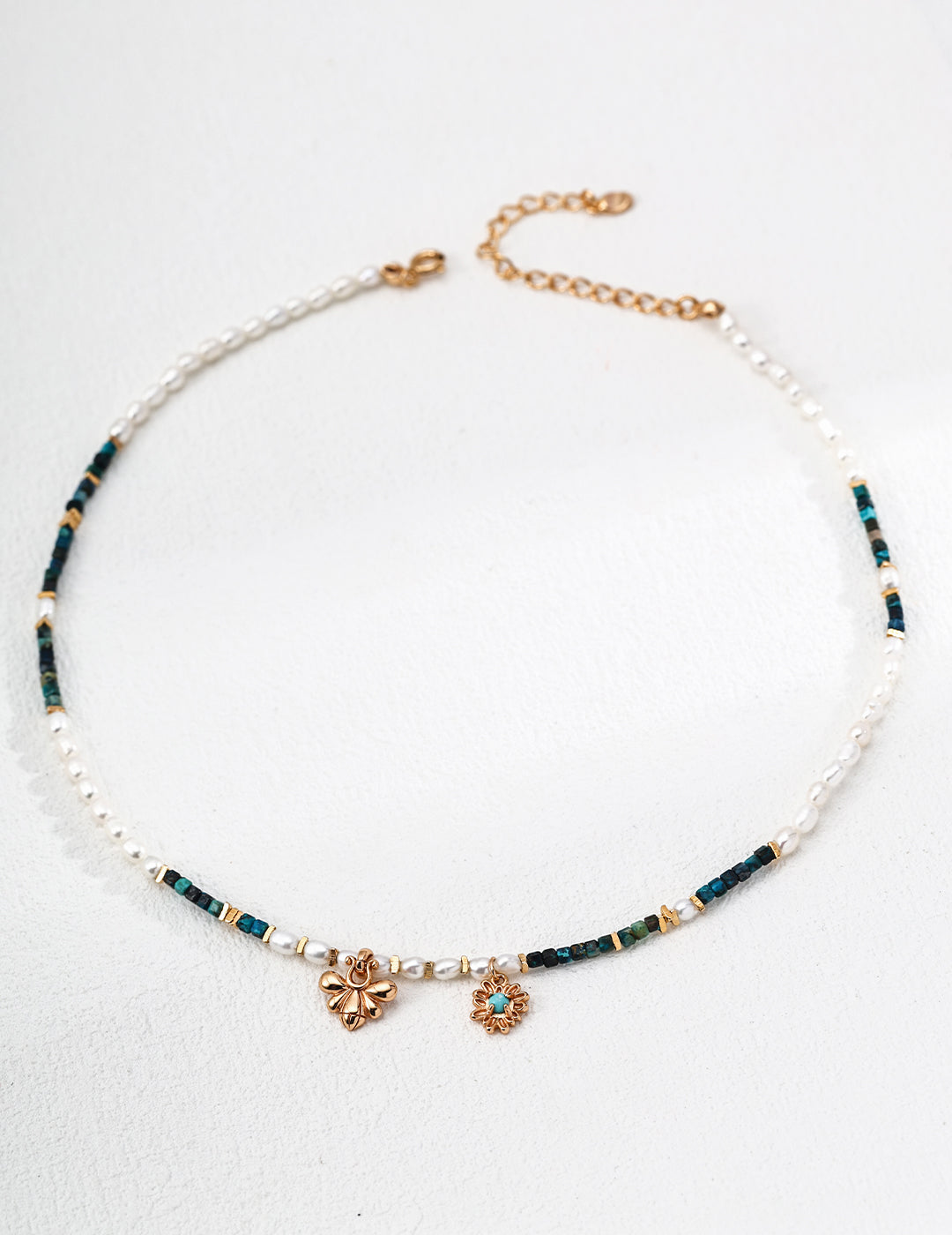 Malachite & Turquoise Pearl Necklace|Earthy Elegance in Retro Gold