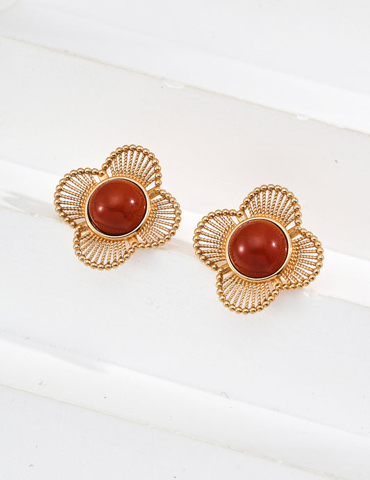 Retro Red Agate Earrings｜Vintage Charm in Retro Gold & White Gold