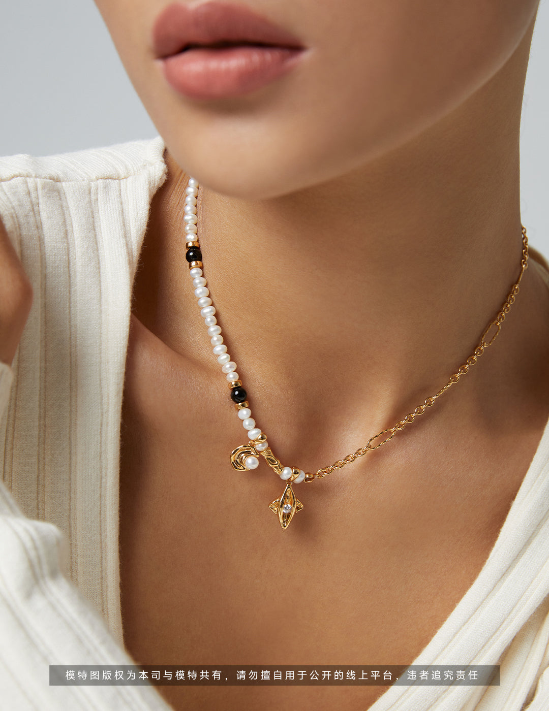 Celestial Pure Silver Pearl Necklace｜Vintage Elegance with Black Agate & Zirconia