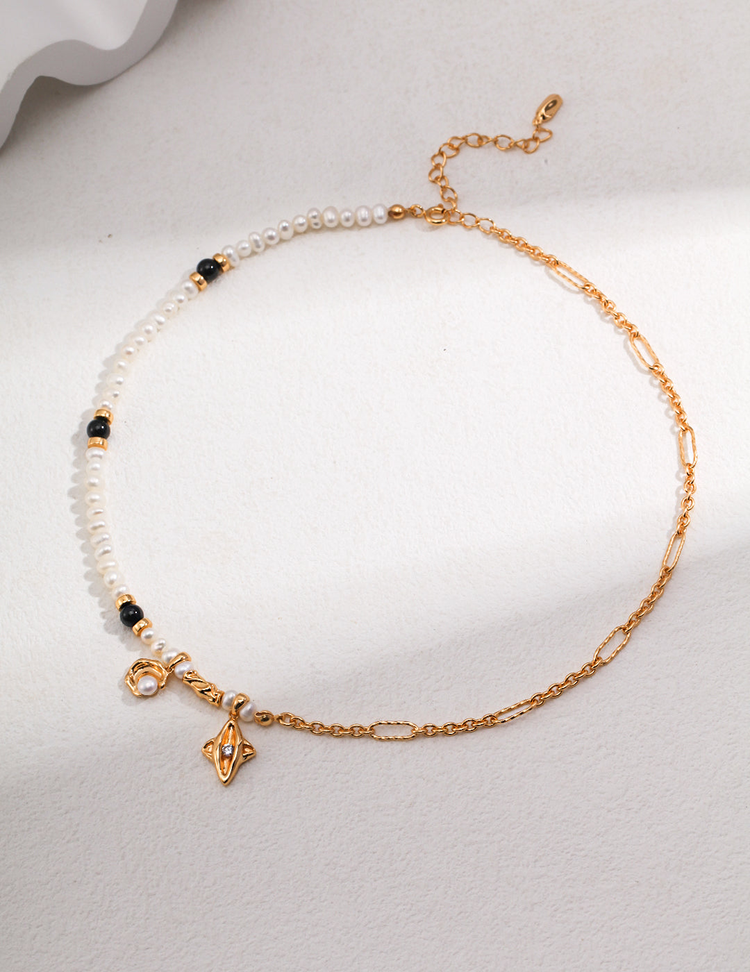 Celestial Pure Silver Pearl Necklace｜Vintage Elegance with Black Agate & Zirconia