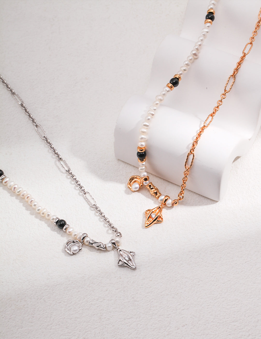 Celestial Pure Silver Pearl Necklace｜Vintage Elegance with Black Agate & Zirconia