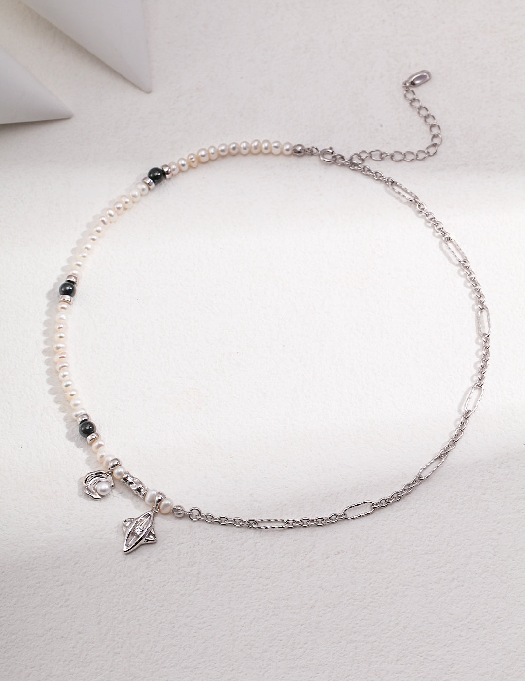 Celestial Pure Silver Pearl Necklace｜Vintage Elegance with Black Agate & Zirconia