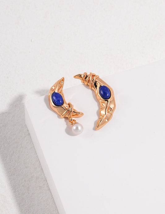 Moon Earrings with Lapis Lazuli｜Retro Gold & White Gold Celestial Elegance
