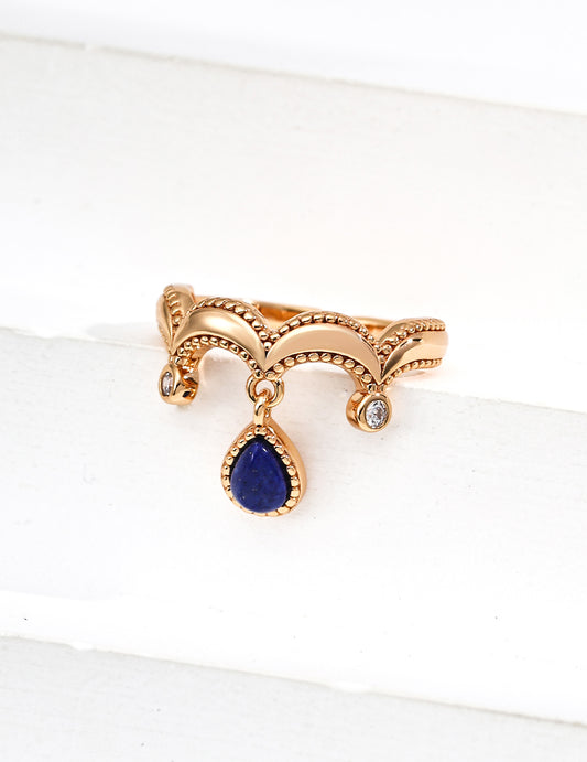 Retro Natural Lapis Lazuli Zirconia Ring｜Vintage Gold Timeless Elegance
