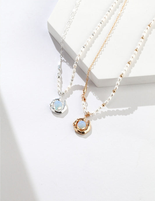 Pure Silver Opal Necklace｜Fluid Elegance in Retro Gold & Natural Silver