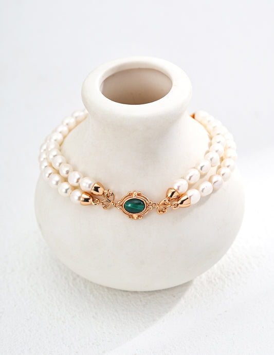 Malachite & Pearl Bracelet｜Natural Balance in Retro Gold