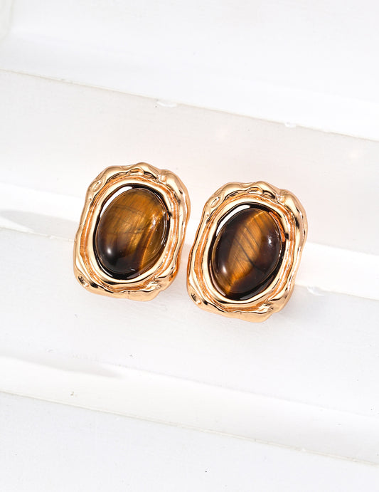 Natural Tiger Eye Earrings｜Retro Gold Vintage Charm