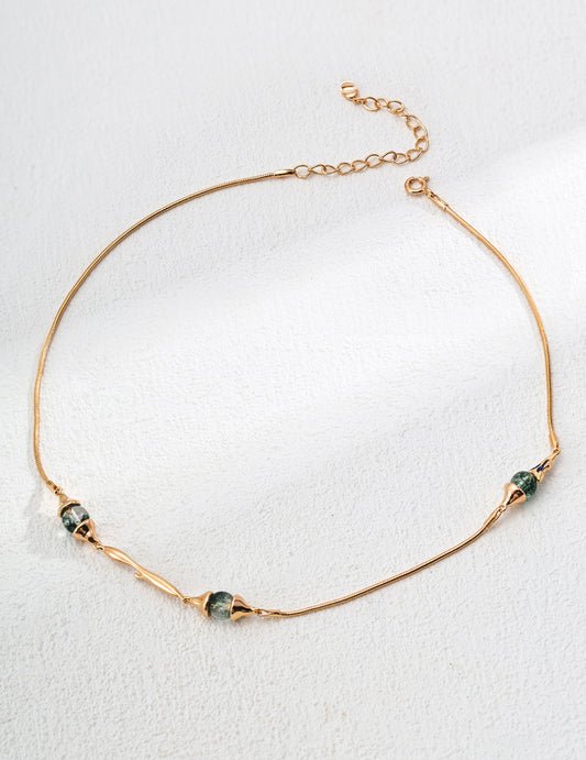 Minimalist Moss Agate & Lapis Lazuli Necklace｜Retro Gold Natural Elegance