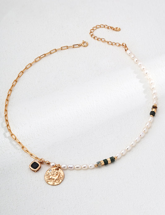 Natural Pearl & Moss Agate Zirconia Necklace｜Retro Gold Minimalist Elegance