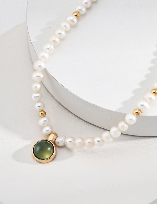 Pearl & Moss Agate Necklace｜Retro Gold Vintage Elegance