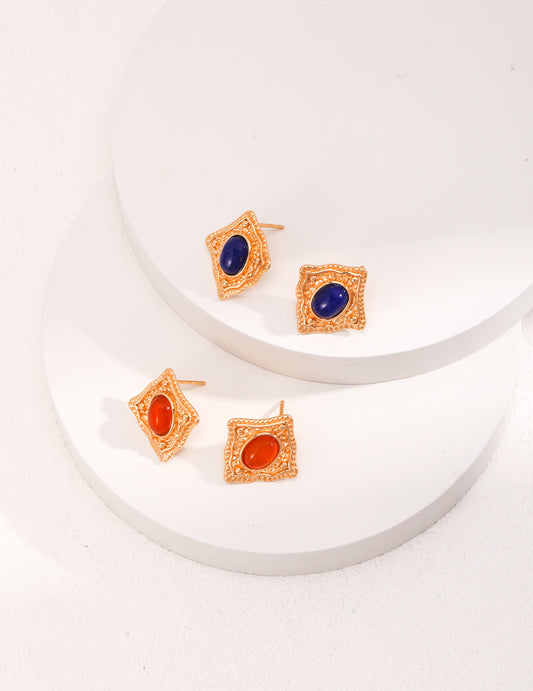 Silver Lapis Lazuli / Red Agate Earrings｜Vintage Palace Elegance in Two Gemstone Tones