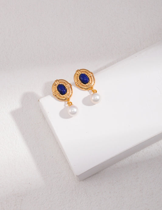 Lapis Lazuli & Pearl Drop Earrings｜Retro Gold Palace Elegance