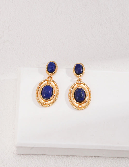 Lapis Lazuli Stud Earrings｜Retro Gold Beaded Silver Design