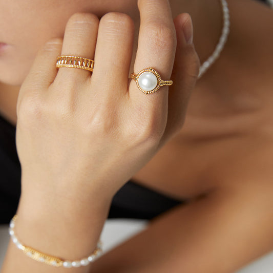 Natural Pearl Open Ring｜Retro Gold & White Gold Timeless Elegance