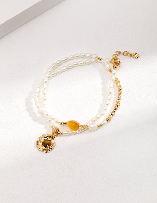 Natural Pearl, Tiger Eye & Agate Necklace｜Artistic Expression in Retro Gold