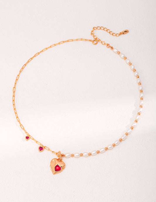 Natural Pearl & Ruby Necklace｜Asymmetrical Elegance in Retro Gold