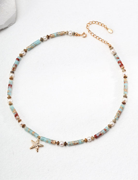 Shoushan Stone & Pearl Pendant Necklace｜Vintage Gold Elegance