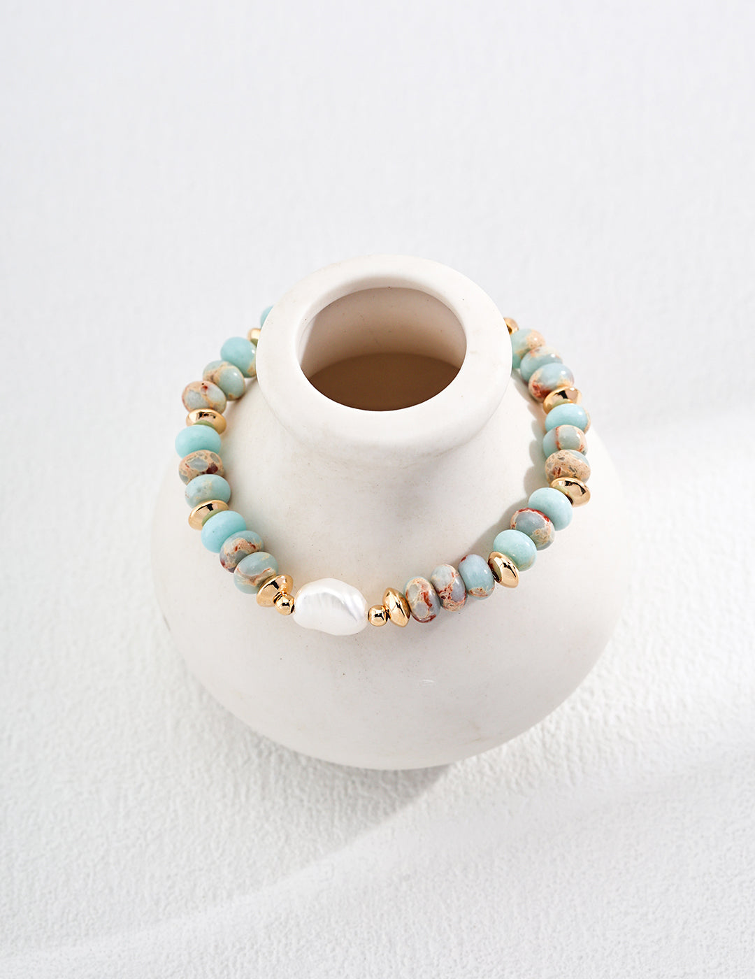 S925 SILVER SHOUSHAN STONE & NATURAL PEARL BRACELET｜RETRO GOLD
