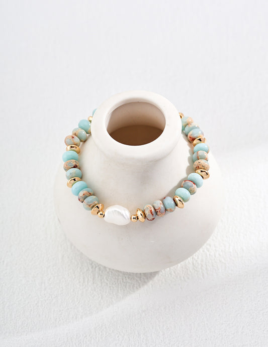S925 SILVER SHOUSHAN STONE & NATURAL PEARL BRACELET｜RETRO GOLD