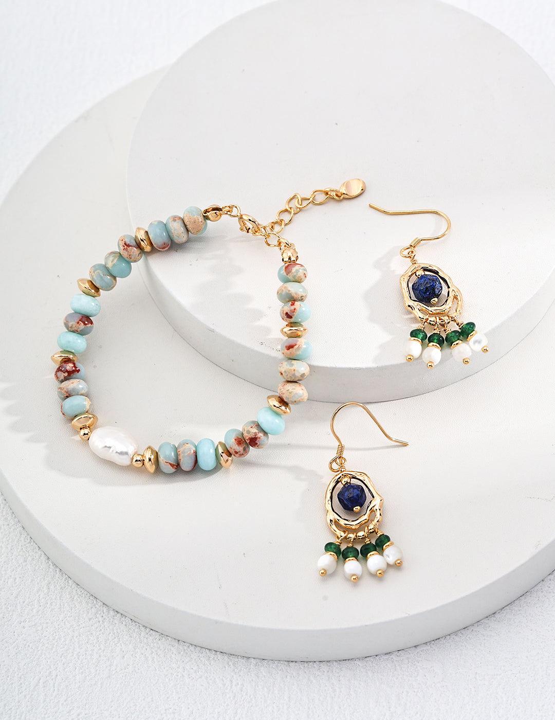 S925 SILVER SHOUSHAN STONE & NATURAL PEARL BRACELET｜RETRO GOLD