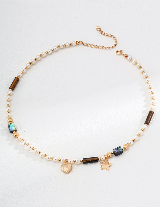 Pearl Tiger Eye Abalone Star Necklace｜Vintage Gold Celestial Layers