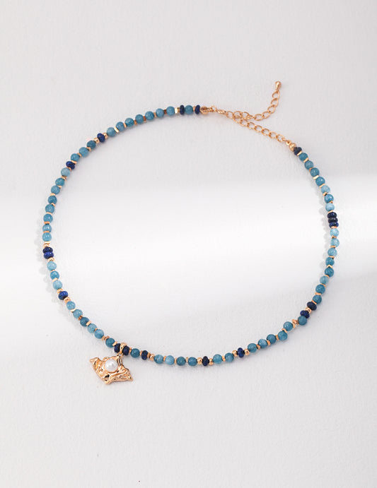 Amazonite, Lapis & Pearl Necklace｜Earthy Energy in Vintage Gold