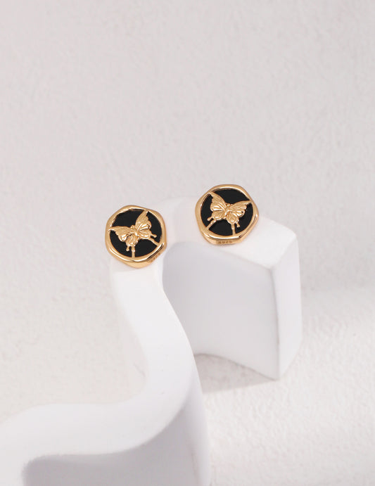 Black Agate BUTTERFLY Stud Earrings｜Minimalist Elegance in Retro Gold