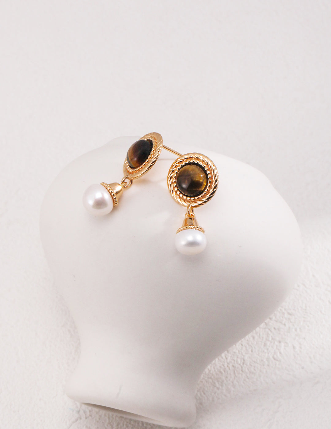 Tiger Eye & Pearl Earrings｜Grounded Glow in Retro Gold