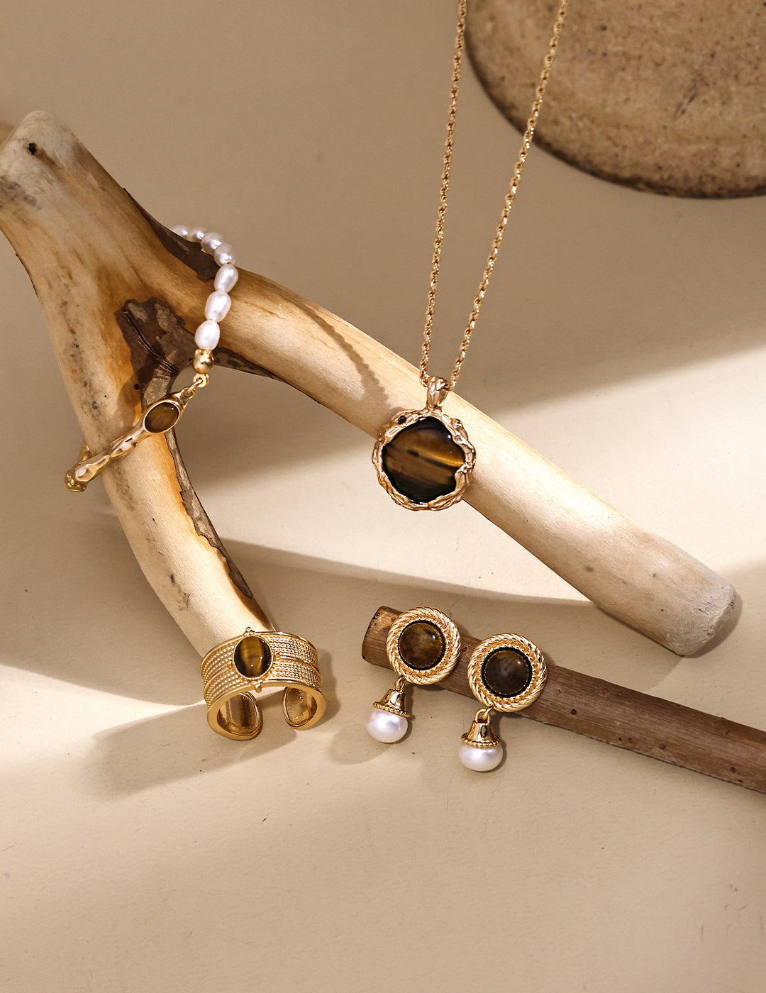 Tiger Eye & Pearl Earrings｜Grounded Glow in Retro Gold