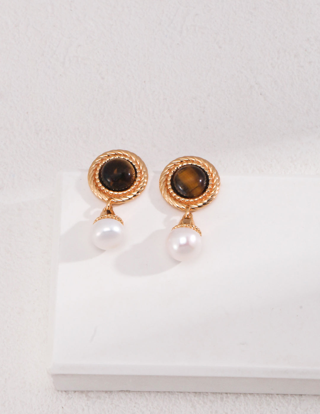 Tiger Eye & Pearl Earrings｜Grounded Glow in Retro Gold