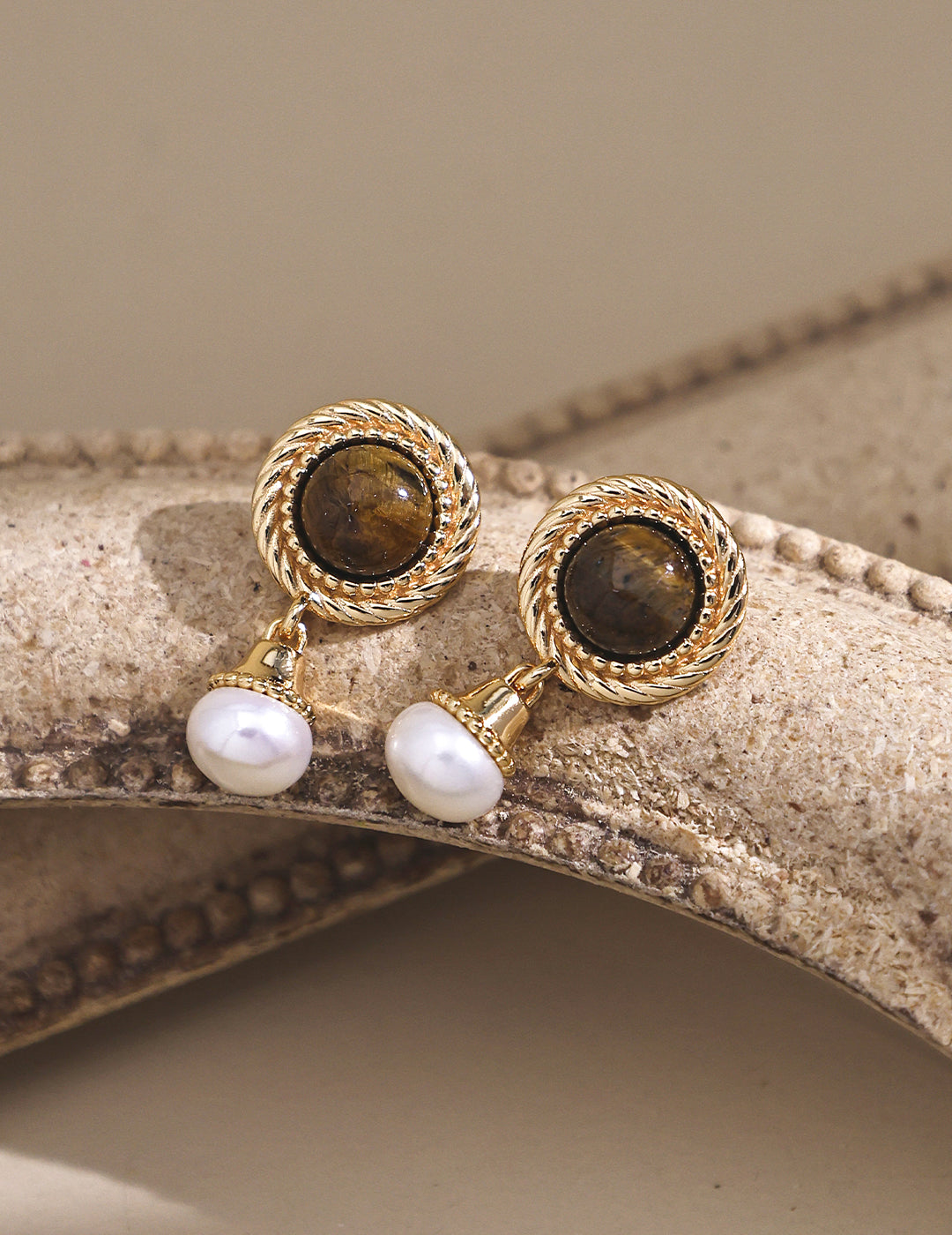 Tiger Eye & Pearl Earrings｜Grounded Glow in Retro Gold