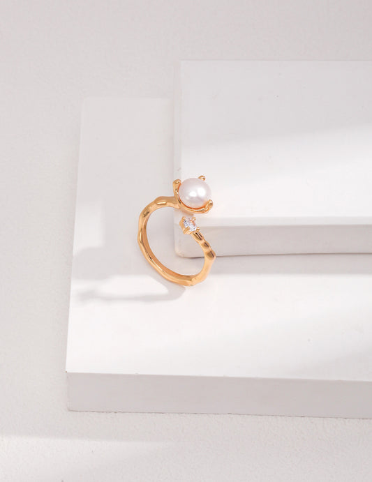 Pearl & Zirconia Open Ring｜Modern Elegance in Retro Gold & White Gold