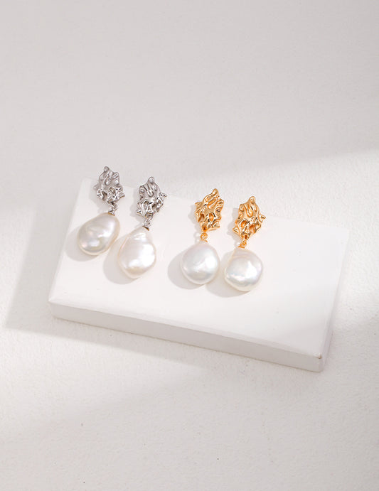 Baroque Pearl Drop Earrings｜Sculptural Elegance in Retro Gold & White Gold