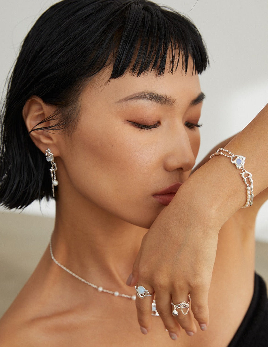 Opal & Pearl Bracelet｜Fluid Heart Design in Retro Gold & Silver